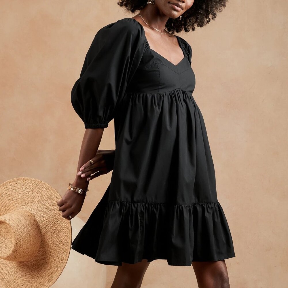 NWT!! Banana Republic Black Poplin Puff Sleeve Empire Babydoll Mini Dress PS